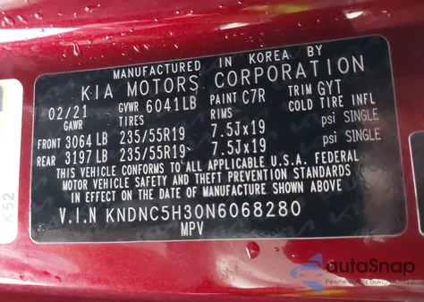 2022 Kia Carnival Mpv Ex z USA, uszkodzony, nr VIN KNDNC5H30N6068280